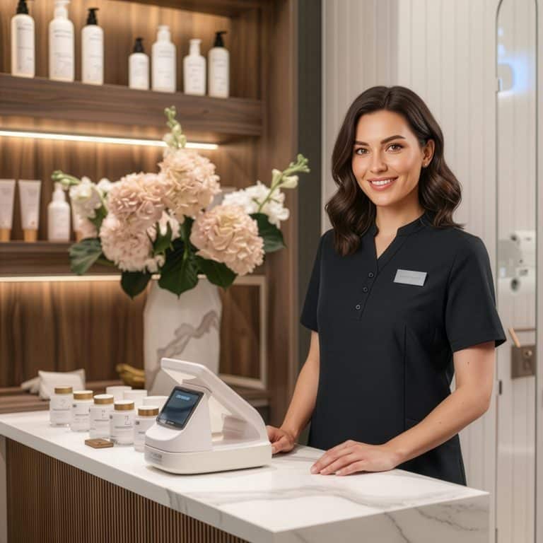 Spa receptionist in a professional Biz Care uniform standing at a beauty clinic front desk with skincare products.