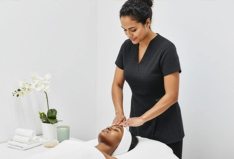 Beauty therapist performing a facial treatment in a wellness clinic wearing professional Biz Care uniform.