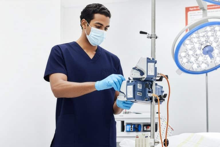 Healthcare worker in scrubs adjusting medical equipment in a clinical treatment room.