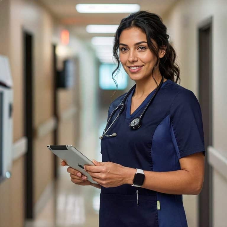 Nurse wearing navy scrubs using a tablet in a hospital corridor with stethoscope around her neck.