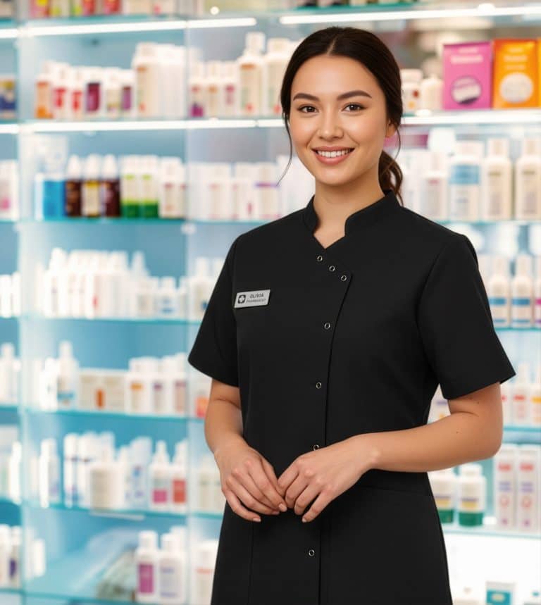 Pharmacist wearing a professional uniform standing in front of pharmacy shelves with healthcare products.
