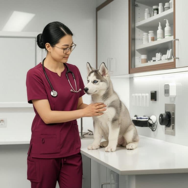 Veterinarian wearing scrubs examining a dog in a veterinary clinic consultation room.