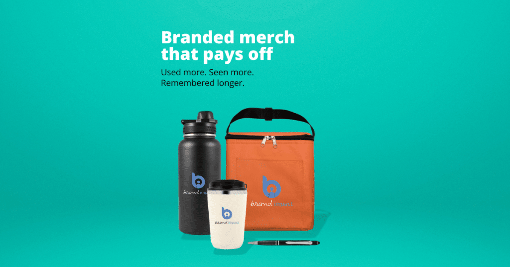Branded merchandise including drink bottle, coffee cup, cooler bag and pen with logo on a teal background, highlighting promotional products that increase brand visibility and recall.