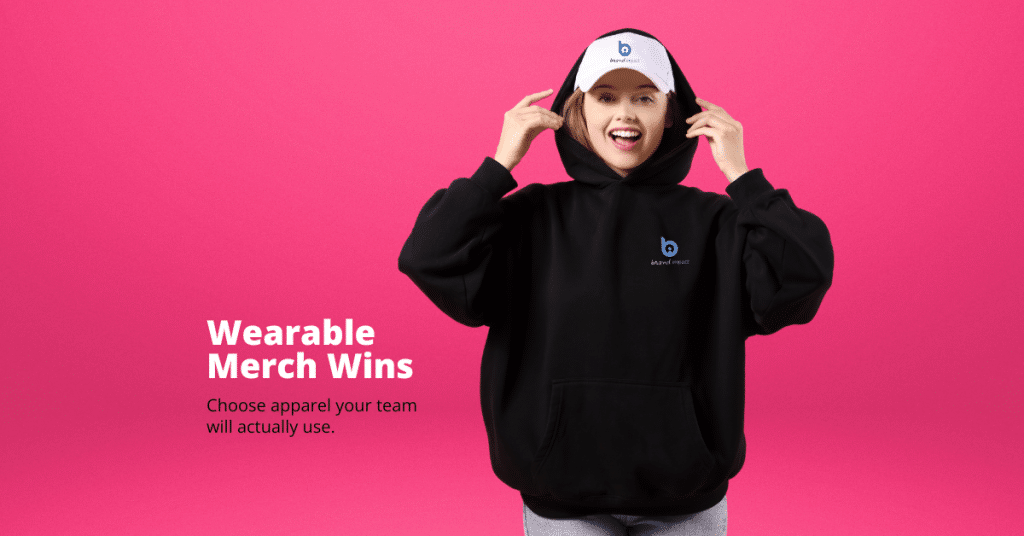 Blog banner showing branded clothing hoodie and cap with logo and text “Wearable merch wins” highlighting promotional clothing that teams actually use.