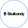 Skullcandy audio brand logo with skull icon and black text on a white background.