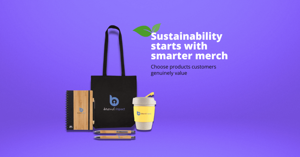 Eco-friendly branded merchandise banner featuring a reusable tote bag, bamboo notebook, branded pens and reusable coffee cup on a vibrant purple gradient background with sustainability-focused marketing text promoting smarter promotional products.