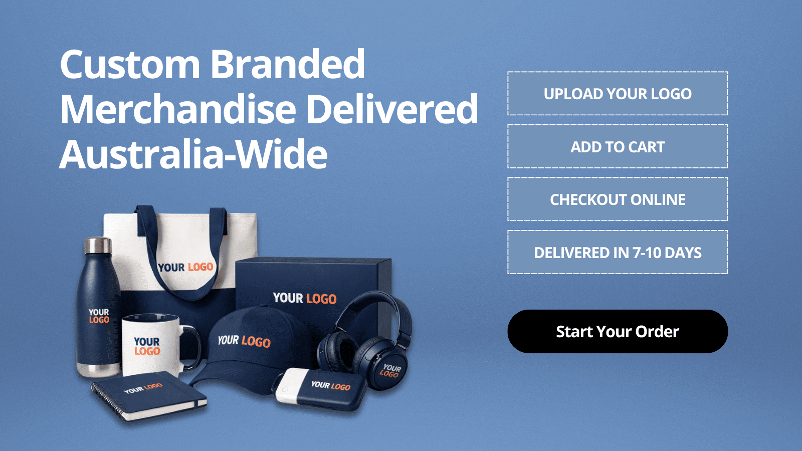 Custom branded merchandise web banner featuring promotional drinkware, tote bags, notebooks, caps, headphones and tech accessories on a soft blue gradient background with bold white headline text, step-by-step ordering process boxes and a black “Start Your Order” call-to-action button.