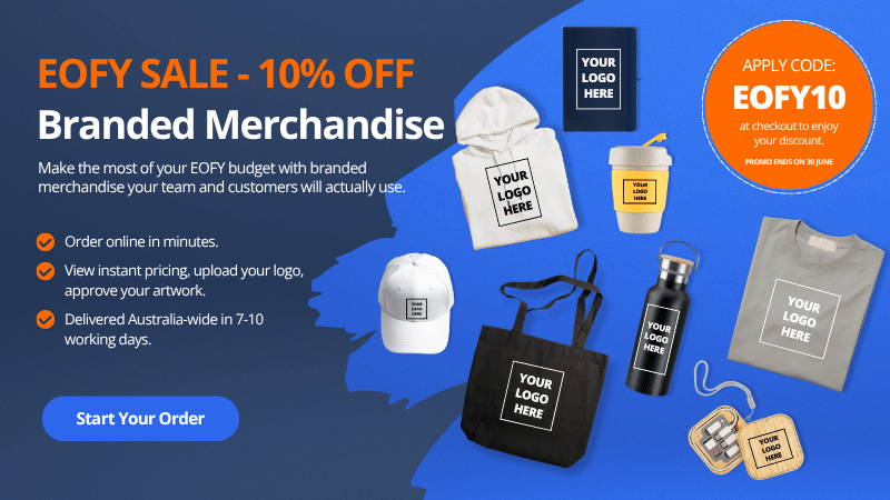 EOFY Sale 10% Off branded merchandise banner showcasing custom branded products including a hoodie, notebook, reusable coffee cup, cap, tote bag, drink bottle, t-shirt and bamboo tech accessory. Promotional text encourages businesses to maximise their EOFY budget with practical branded merchandise and use discount code EOFY10 before 30 June.