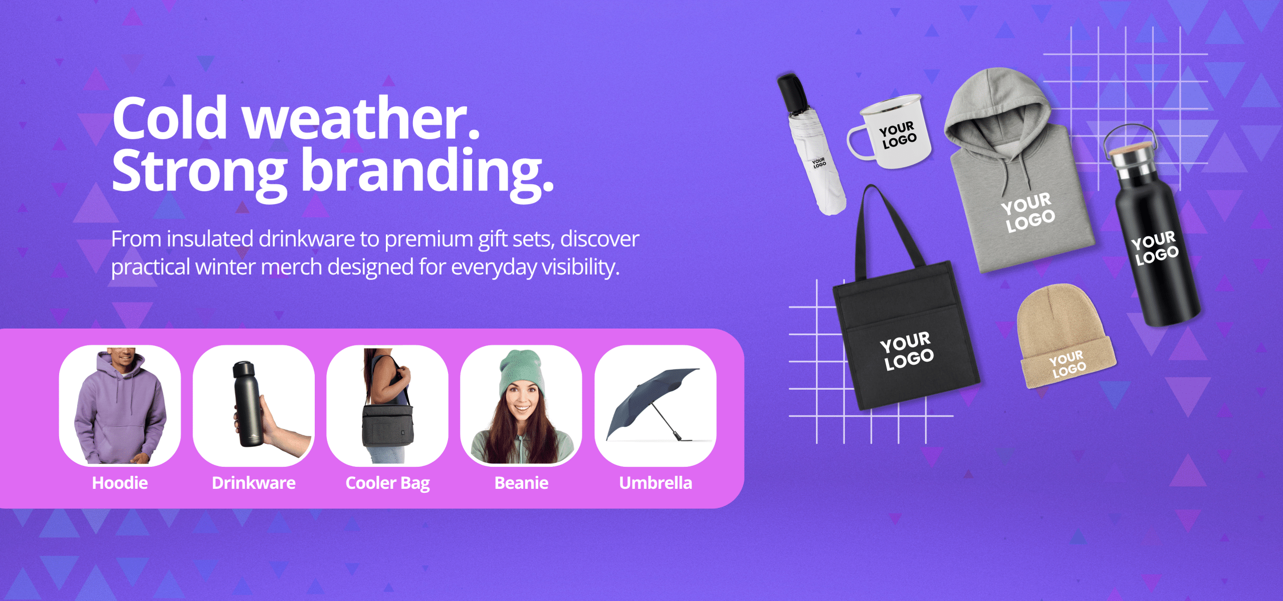 Winter promotional merchandise web banner featuring branded products including a hoodie, drink bottle, tote bag, beanie, umbrella and mug on a purple gradient background. The banner includes the headline “Cold weather. Strong branding.”, product category icons, and a black “Start Your Order” call-to-action button.