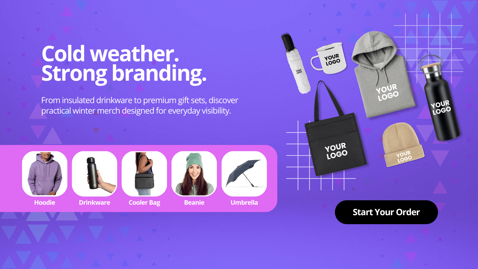Winter promotional merchandise web banner featuring branded hoodies, drinkware, cooler bags, beanies and umbrellas on a vibrant purple gradient background with geometric accents, bold white marketing headline, product category tiles and a black “Start Your Order” call-to-action button.