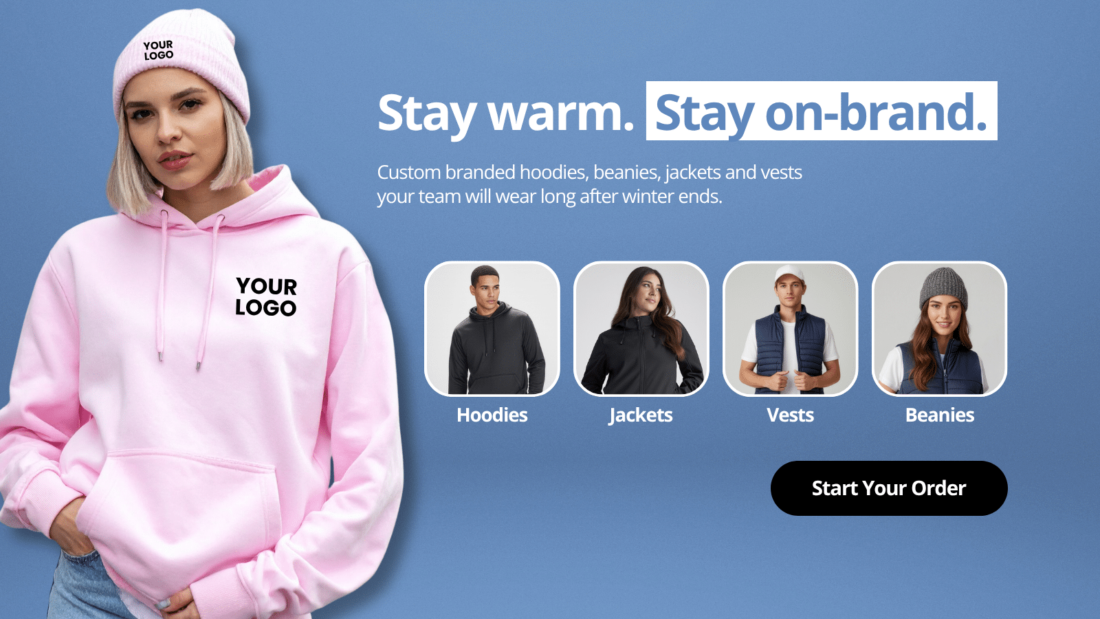 Promotional winter merchandise web banners featuring custom branded hoodies, beanies, drinkware, bags and apparel with bold marketing headlines, product category highlights and call-to-action buttons on vibrant blue and purple gradient backgrounds.