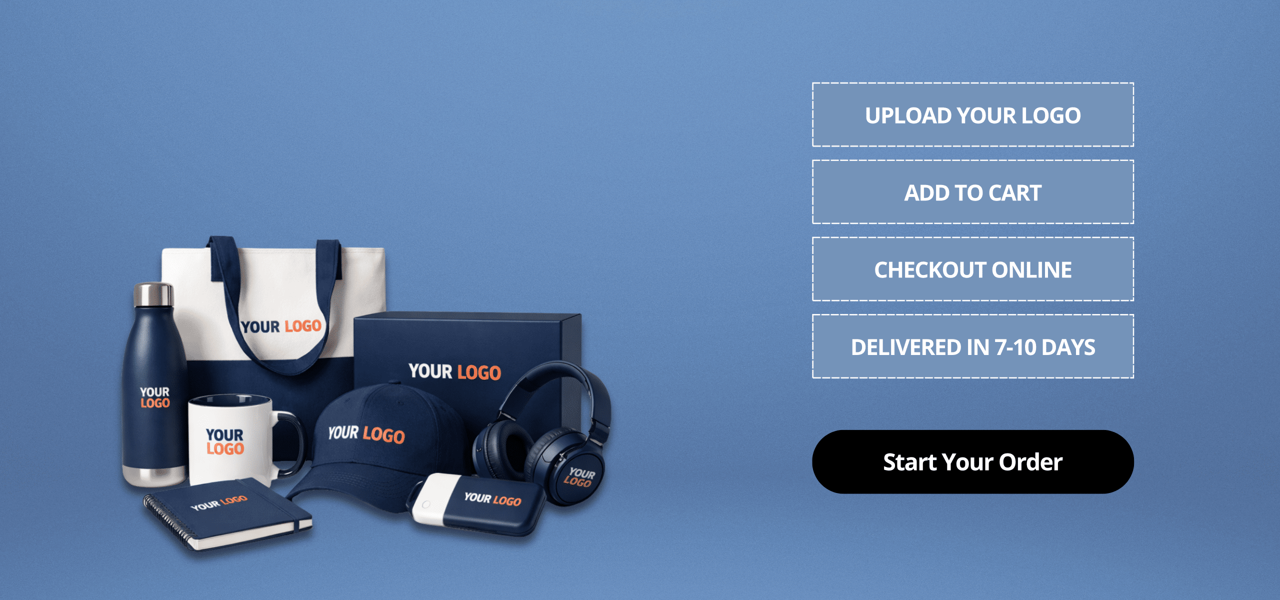 Homepage website banner featuring custom branded merchandise delivered Australia-wide, including a tote bag, drink bottle, coffee mug, notebook, cap, headphones, gift box and power bank with placeholder logo branding. Banner includes step-by-step ordering process: upload your logo, add to cart, checkout online, and delivered in 7–10 days, with a “Start Your Order” call-to-action button on a blue gradient background.