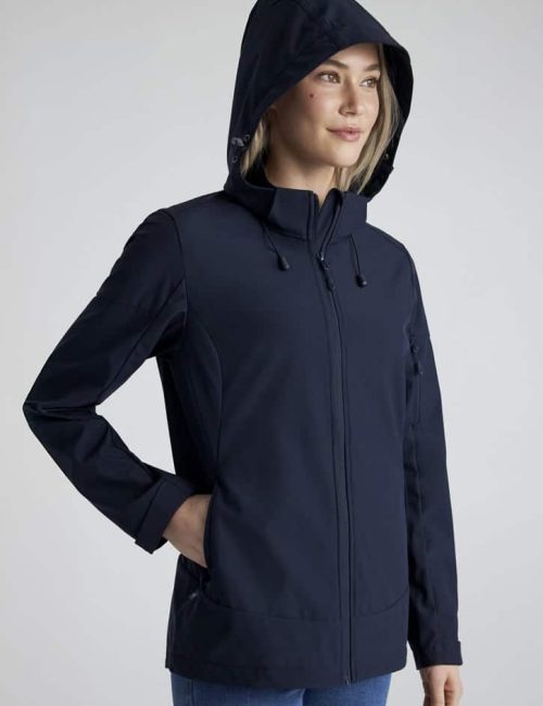 A women's navy jacket with a hood and zip-front closure, featuring a branded logo on the sleeve.