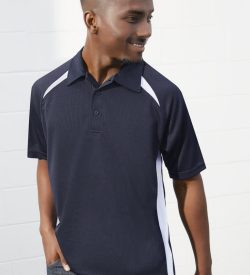 A navy blue short sleeve polo shirt featuring white splice details and a logo.