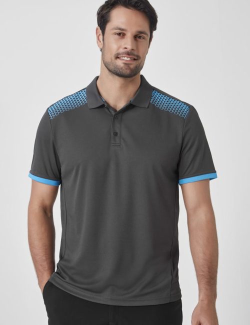 A grey short sleeve polo shirt featuring blue accents and a logo on the chest.